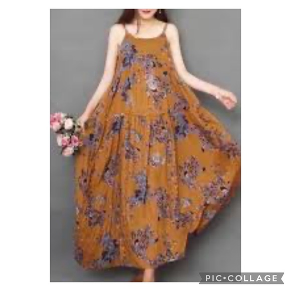 Yesno Dresses & Skirts - Yesno Boho Brown Multi Feather Print Tiered Cotton Maxi Dress Size Small